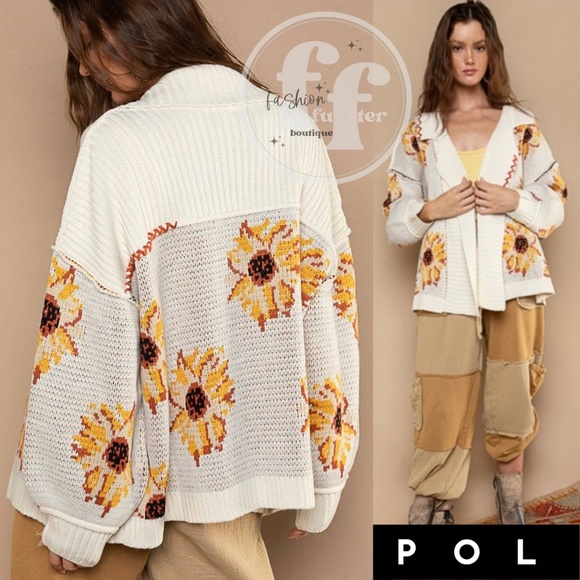 POL Golden Sunflower Floral Belted Cardi Coat Tie Cardigan Sweater Jacket Belt - Picture 5 of 7